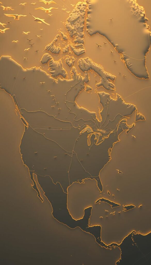 Intricate migration routes of diverse North American birds, elegantly depicted in a sweeping landscape. Detailed topographical map in muted tones, with delicate lines tracing the seasonal journeys of avian species across the continent. Subtle gradients suggest elevation changes, while faint silhouettes of birds in flight convey the dynamism of their migratory patterns. Atmospheric lighting casts a warm, golden glow, evoking the natural wonder of this migratory spectacle. Crisp, photorealistic rendering with a cinematic wide-angle lens perspective, showcasing the grand scale and complexity of North American bird migration.