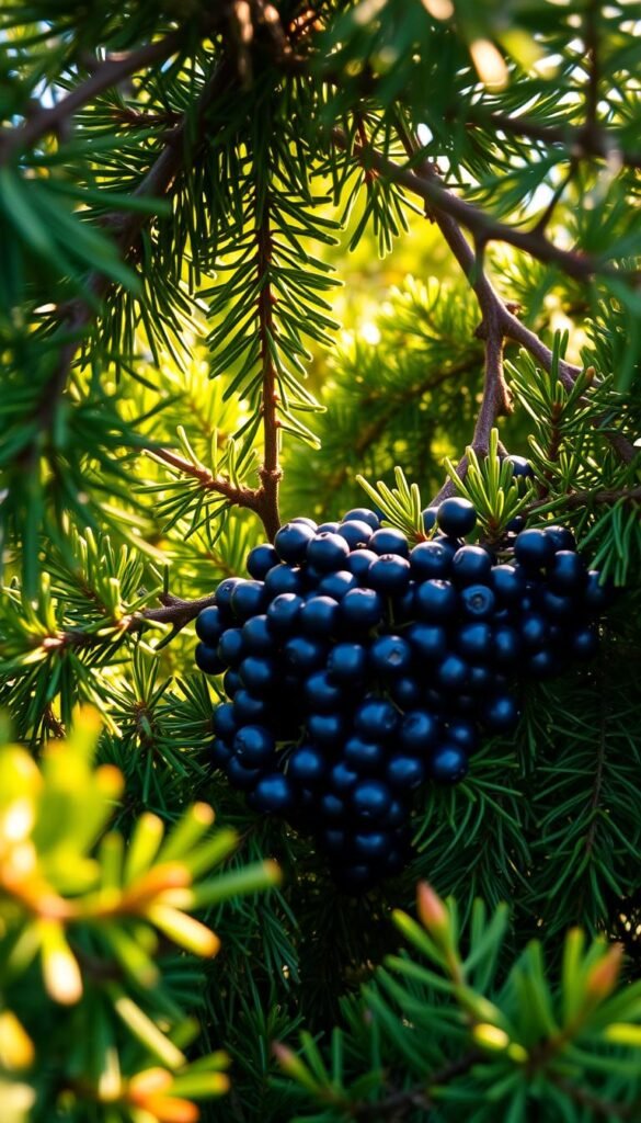 Juniper berries nestled among lush evergreen foliage, casting soft, natural shadows under a warm, golden afternoon light. The berries, a deep indigo hue, stand out against the verdant backdrop, creating a visually captivating scene that invites birds to take shelter and feed. The branches form a protective canopy, conveying a sense of safety and sanctuary for feathered friends. Captured with a shallow depth of field, the image focuses on the details of the berries and leaves, creating a tranquil, inviting atmosphere.