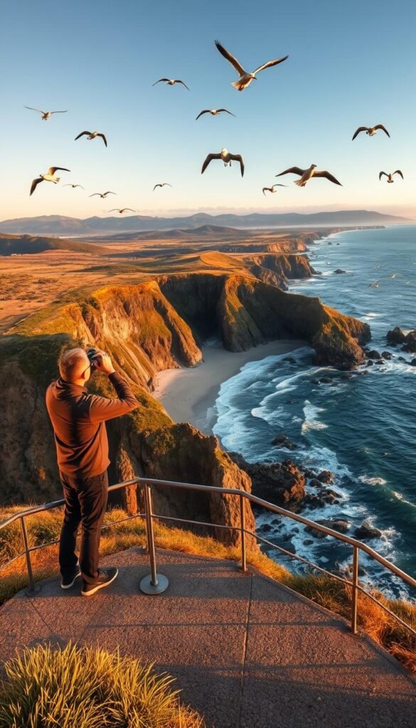 Lush coastal landscape of Point Reyes National Seashore, California, bathed in golden afternoon light. Sweeping views of dramatic rocky cliffs, pristine beaches, and verdant hills in the distance. A birdwatcher standing on an observation deck, binoculars raised, eyes intently scanning the skies for passing migratory birds. A variety of seabirds - gulls, cormorants, pelicans - soaring effortlessly on the ocean breeze. The serene, tranquil atmosphere invites quiet contemplation and immersion in the natural world. Wide-angle lens captures the expansive, cinematic perspective of this renowned bird-watching haven.