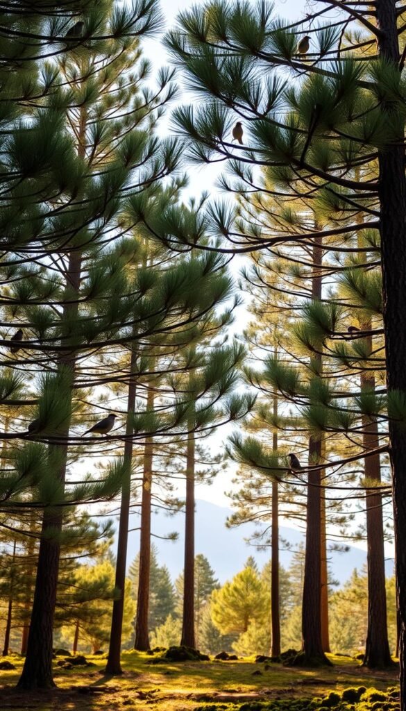 Lush green pine trees standing tall, their branches reaching skyward in a dense, protective canopy. Soft light filters through the needles, casting a warm, natural glow across the scene. In the foreground, a variety of native birds flit between the branches, finding shelter and nesting sites amidst the evergreen boughs. The mid-ground features a tranquil forest floor, carpeted with fallen pine needles and moss, creating a serene, woodland atmosphere. Distant mountains rise in the background, completing the picturesque, pristine landscape. A peaceful, serene image that captures the essential role of pine trees in providing year-round shelter and protection for local bird populations.
