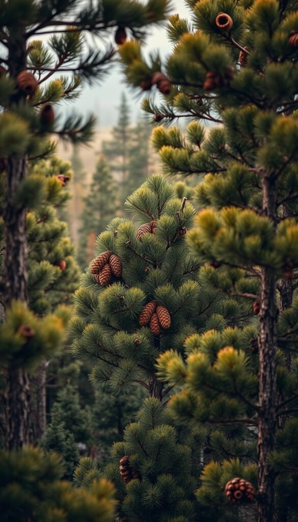 Lush pine forest with vibrant evergreen trees, their branches heavy with pine cones, providing abundant food and shelter for a variety of songbirds. A warm, cozy atmosphere with soft, diffused lighting, capturing the essence of a peaceful winter woodland scene. The foreground features a cluster of pine trees in the center, their textured bark and intricate branching patterns visible. The middle ground includes a scattering of additional pine trees, creating a sense of depth and layering. In the background, a hazy, soft-focused landscape with more distant pine trees, suggesting a larger, connected ecosystem. The overall composition conveys a harmonious and inviting environment for birds to thrive year-round.