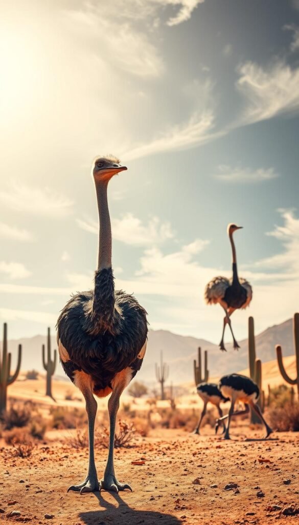 Majestic emus and stately ostriches, the flightless giants of the avian world, stand tall in a sweeping desert landscape. Sunlight filters through the wispy cirrus clouds, casting a warm, golden glow over their powerful frames. In the foreground, an emu proudly surveys its domain, its long neck and powerful legs hinting at its might. Beyond, an ostrich trots gracefully, its black-and-white plumage shimmering in the gentle breeze. The background is dotted with towering cacti and undulating dunes, creating a breathtaking, cinematic scene that captures the essence of these remarkable creatures.