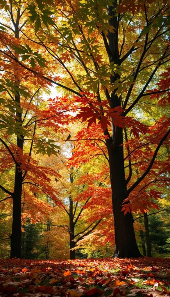 Maple trees for bird protection: a lush, verdant forest canopy with dappled sunlight casting warm tones, as a family of songbirds takes shelter among the vibrant red-orange leaves and flutters between the branches, safe from aerial predators in this natural avian sanctuary. The foreground features a scattering of fallen maple keys and seeds, providing a bounty of nourishment for the resident birds. Capturing the soothing ambiance of this protective habitat, the image is rendered with a soft, dreamy quality using a wide-angle lens to showcase the depth and scale of the tranquil woodland scene.