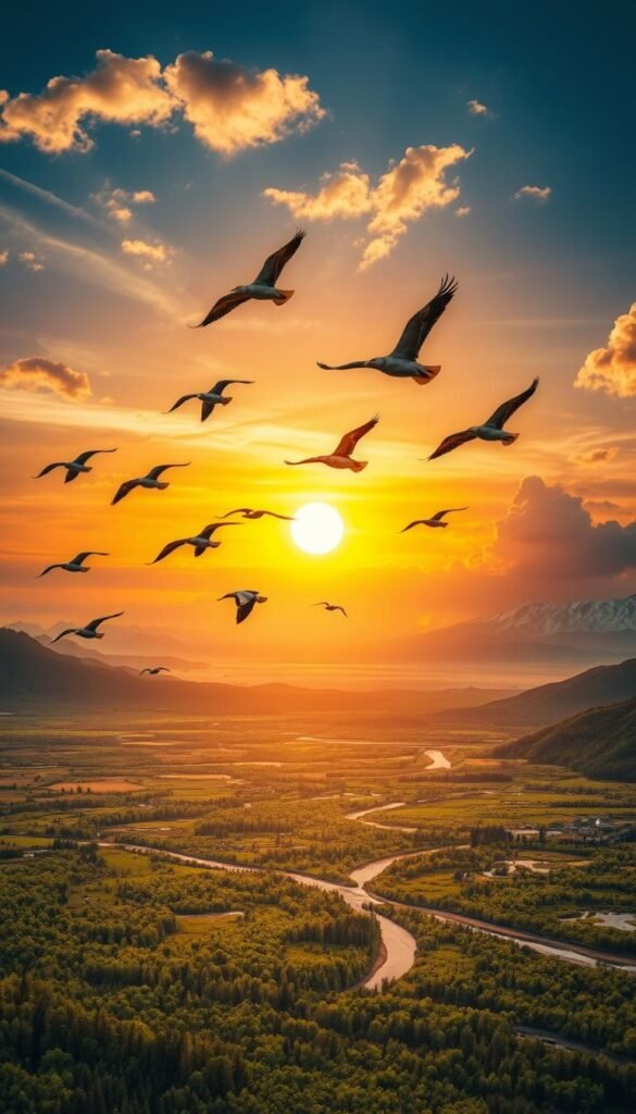Migratory birds soaring against a vibrant sky, their feathers catching the warm golden light of a setting sun. In the foreground, a diverse habitat of lush wetlands and verdant forests, teeming with life. The middle ground reveals rolling hills and winding rivers, as the landscape shifts to adapt to the changing climate. In the distance, snow-capped peaks and ominous storm clouds, hinting at the broader environmental changes that threaten these avian travelers. The scene evokes a sense of wonder and concern, capturing the delicate balance that migratory birds must navigate as their habitats transform around them.