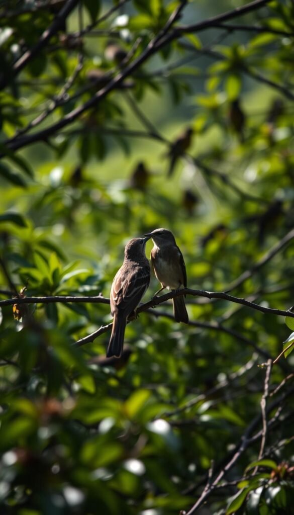Monitoring bird interactions: a detailed, clear-focused wildlife photography scene. In the foreground, a pair of songbirds perched on a branch, their bodies turned inwards, engaged in a delicate social exchange. Muted natural lighting filters through the lush, verdant foliage of the middle ground, casting soft shadows. In the background, the blurred silhouettes of additional birds flit among the branches, creating a sense of a thriving avian community. The overall composition conveys a serene, observational mood, inviting the viewer to closely witness the nuanced behaviors of the feathered subjects.