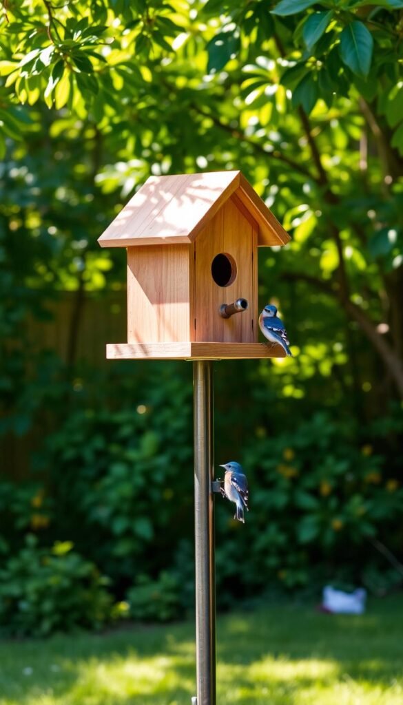 Mounting bluebird house in a lush, verdant backyard setting. A wooden birdhouse with a classic peaked roof stands atop a sturdy metal pole, anchored firmly into the ground. Dappled sunlight filters through the surrounding trees, casting a warm, natural glow. The house is positioned at the ideal height, facing east to catch the morning sun. A couple of curious bluebirds perch nearby, surveying their potential new home. The scene conveys a sense of tranquility and harmony, inviting the viewer to imagine the joyful sounds of the birds' melodic songs filling the air.