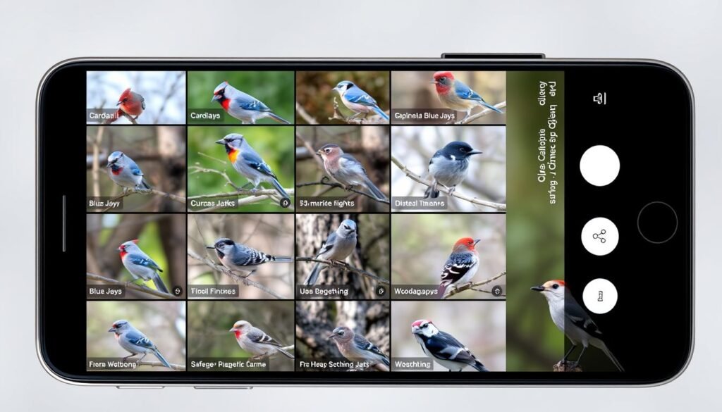 Multiple screenshots showing different birds captured by the NETVUE Birdfy feeder
