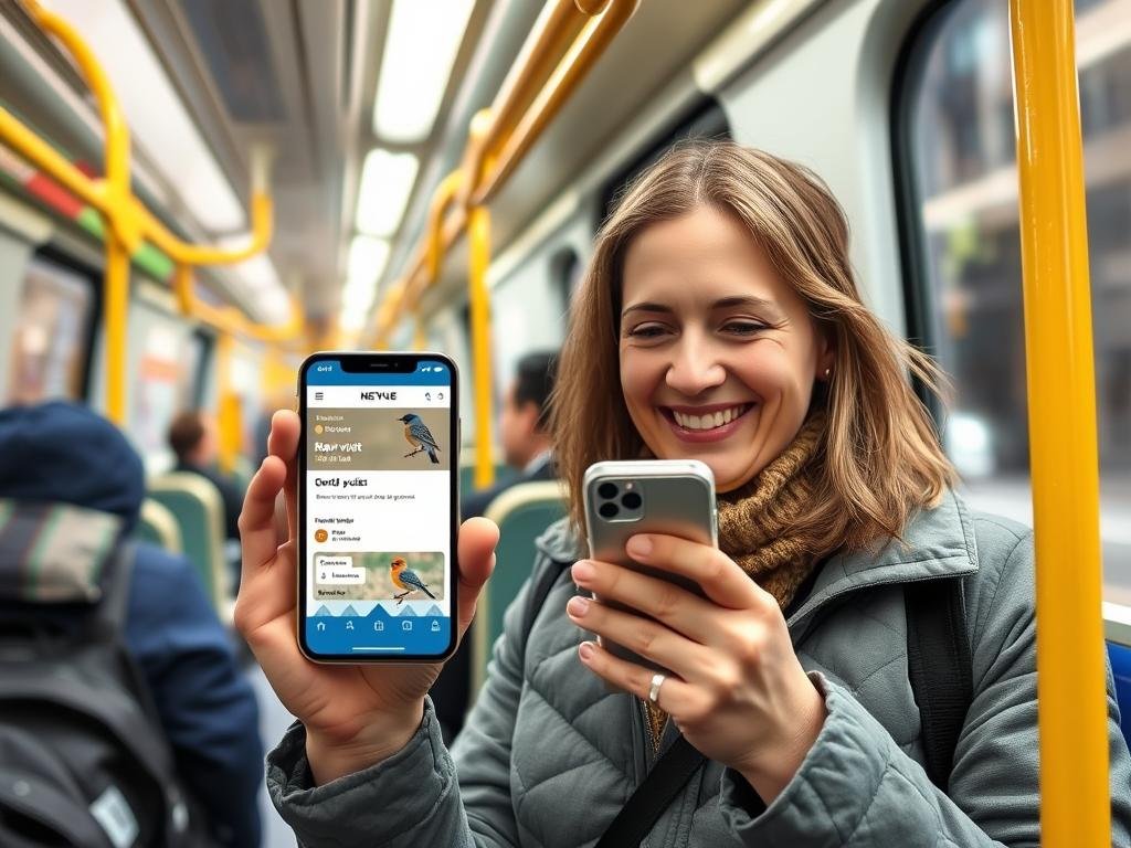 Person checking NETVUE Birdfy app on smartphone while commuting