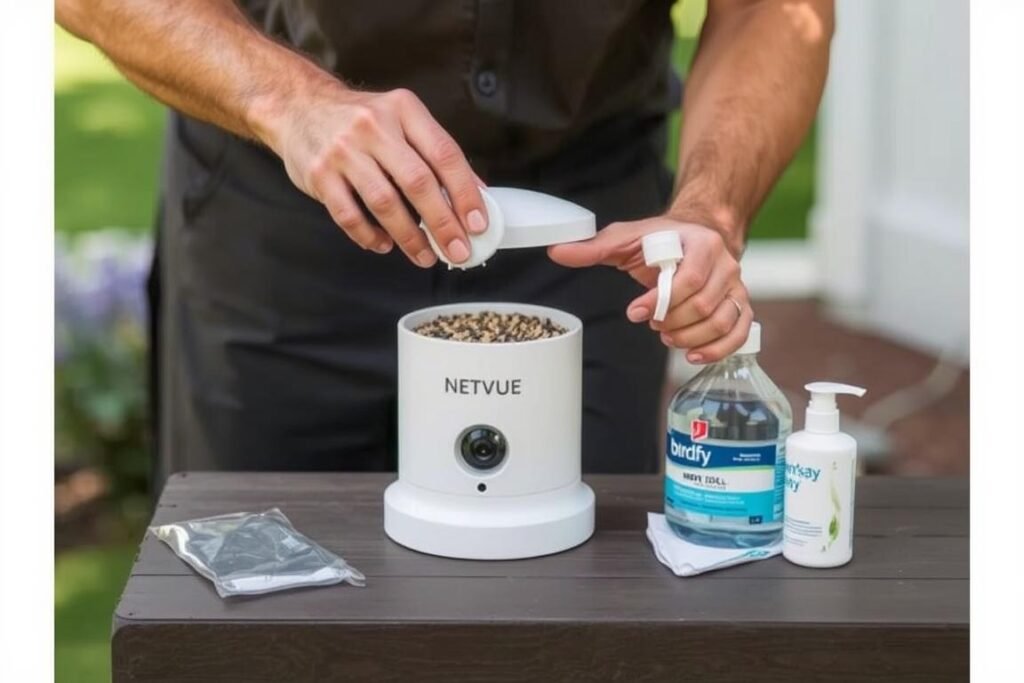 Person cleaning and maintaining the NETVUE Birdfy Smart Bird Feeder