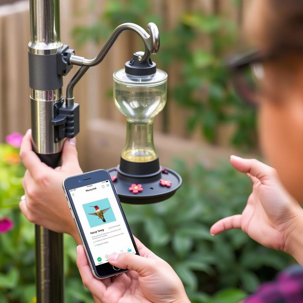 Person setting up a smart hummingbird feeder in their garden