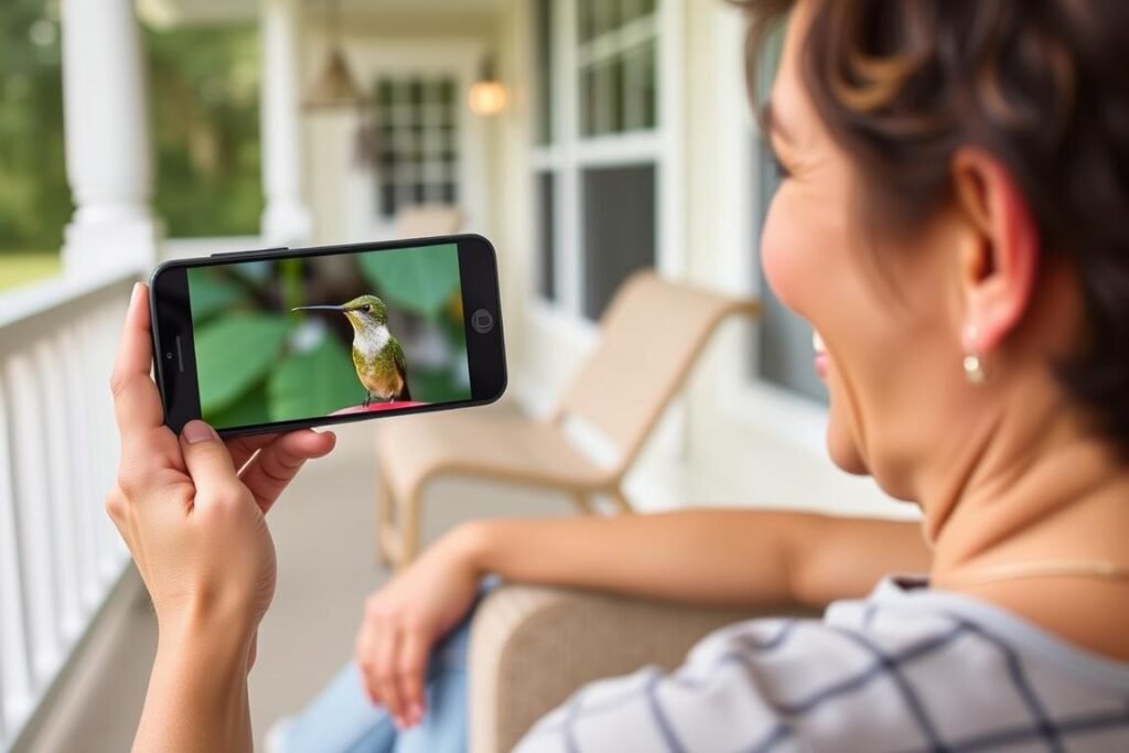 Person viewing hummingbird footage on smartphone from smart feeder camera