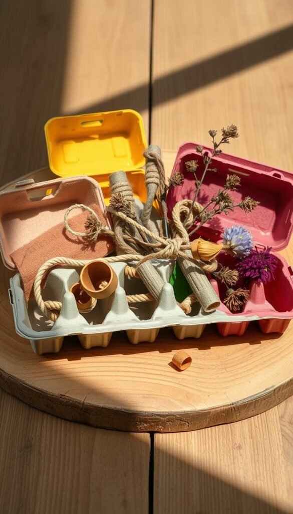 Photorealistic still life of a clutch of colorful, textured egg cartons arranged on a natural wooden surface. The cartons are open with various bird foraging toys peeking out - ropes, pipes, twigs, and dried flowers. Soft, natural lighting illuminates the scene, casting gentle shadows. The arrangement has a sense of playfulness and discovery, inviting closer inspection. The composition is balanced and visually appealing, drawing the viewer's eye to the engaging DIY foraging elements within the humble egg cartons.