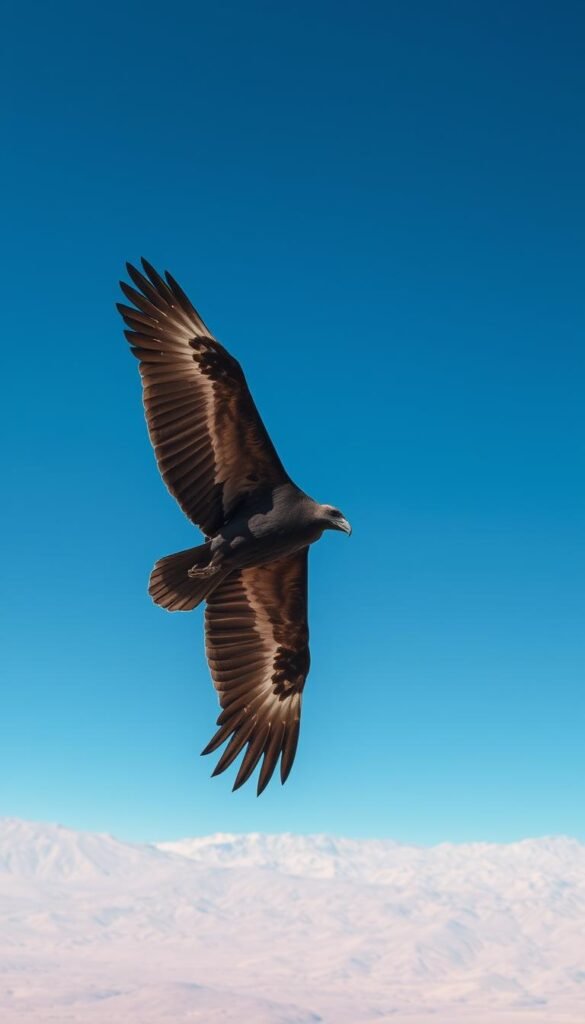 Rüppell's Vulture, majestic raptor soaring in a clear azure sky. Keen eyes scanning the vast desert expanse below, effortlessly riding the thermal currents. Sleek dark plumage and hooked beak, perfectly adapted to its scavenging lifestyle. The vulture's massive wingspan outstretched, gliding gracefully at record-breaking altitudes, the highest flying bird on Earth. Sunlight glinting off its feathers, casting dramatic shadows on the arid landscape. An apex predator of the skies, commanding respect and awe. Captured in cinematic detail, this image conveys the sheer power and elegance of this remarkable avian species.