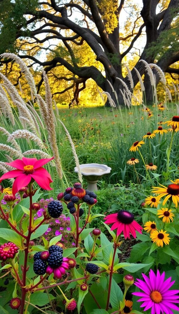 Seasonal plants for birds, a lush and vibrant garden scene. In the foreground, a mix of colorful flowers and berries - bright red dogwood, purple coneflowers, and clusters of juicy blackberries. In the middle ground, a birdbath nestled among tall grasses and swaying native plants like purple-headed coneflowers and black-eyed Susans. In the background, a serene woodland backdrop with towering oak trees, their canopy filtering warm, golden sunlight. The scene conveys a sense of natural harmony, inviting birds to feast, bathe, and find shelter amidst the nourishing plants. Captured with a wide-angle lens, the composition emphasizes the depth and interconnectedness of this bird-friendly oasis.