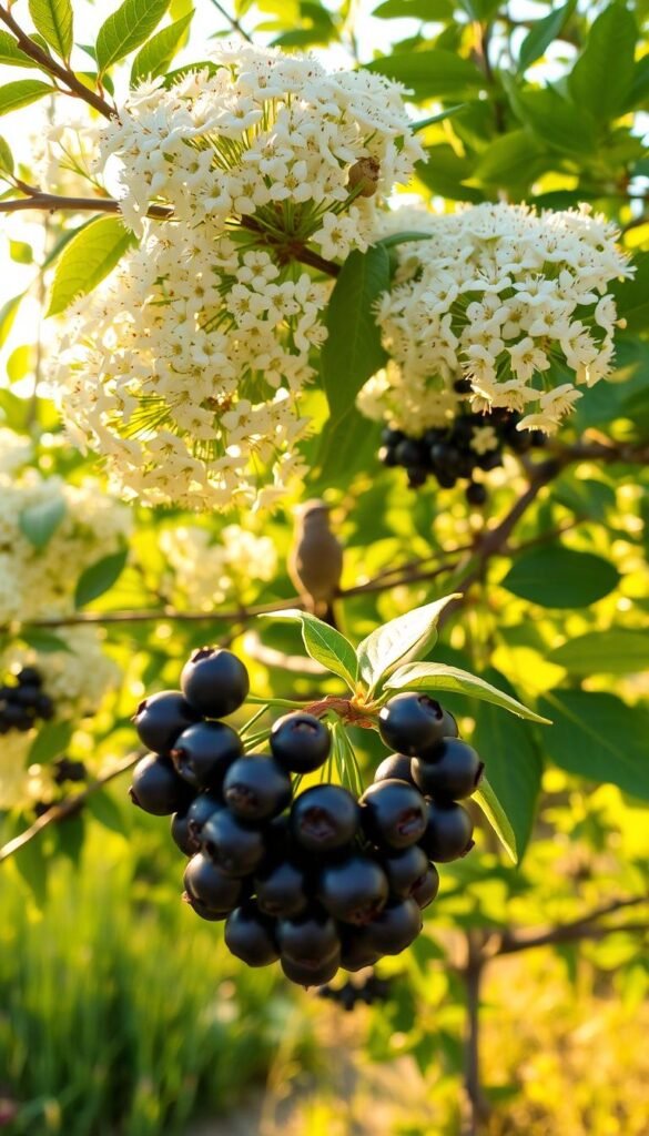 Serene summer scene of a serviceberry bush, its delicate white blossoms and lush green foliage basking in warm, golden sunlight. In the foreground, a cluster of ripe, indigo-hued berries glistens, beckoning a variety of native songbirds. The middle ground reveals a bird perched among the branches, its feathers shimmering as it eyes the tempting fruits. The background softly fades into a tranquil landscape, hinting at the broader habitat that supports these vibrant, life-sustaining plants. Captured with a crisp, high-resolution lens to highlight the intricate details and natural beauty of this essential wildlife resource.