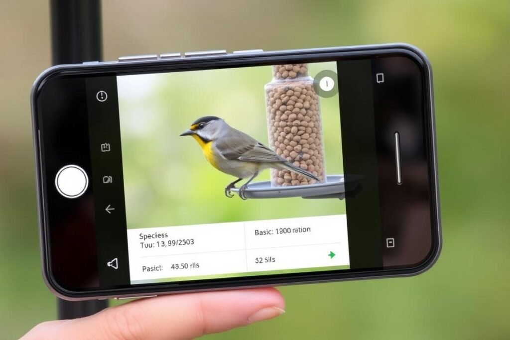 Smart bird feeder with camera solar powered AI recognition interface showing bird species identification