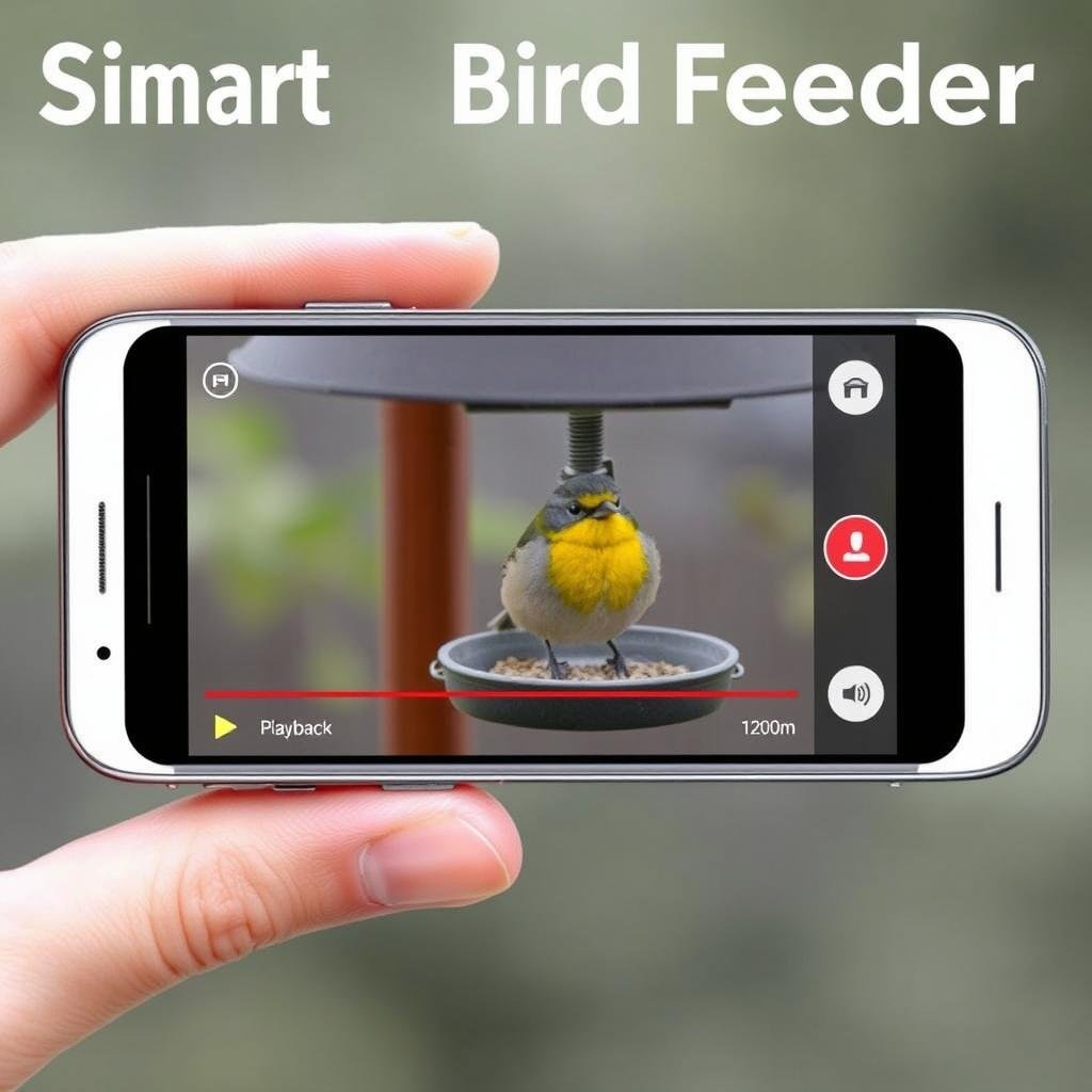 Smart bird feeder with camera solar powered app showing live feed interface