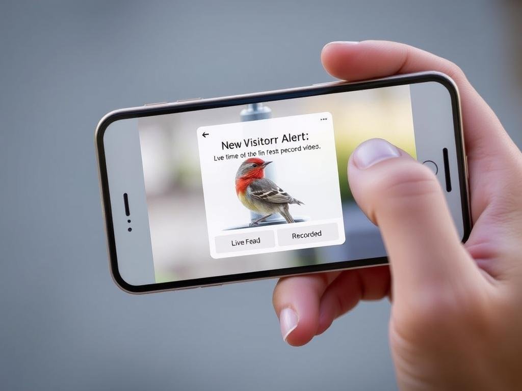 Smart bird feeder with camera solar powered app showing real-time alerts on smartphone