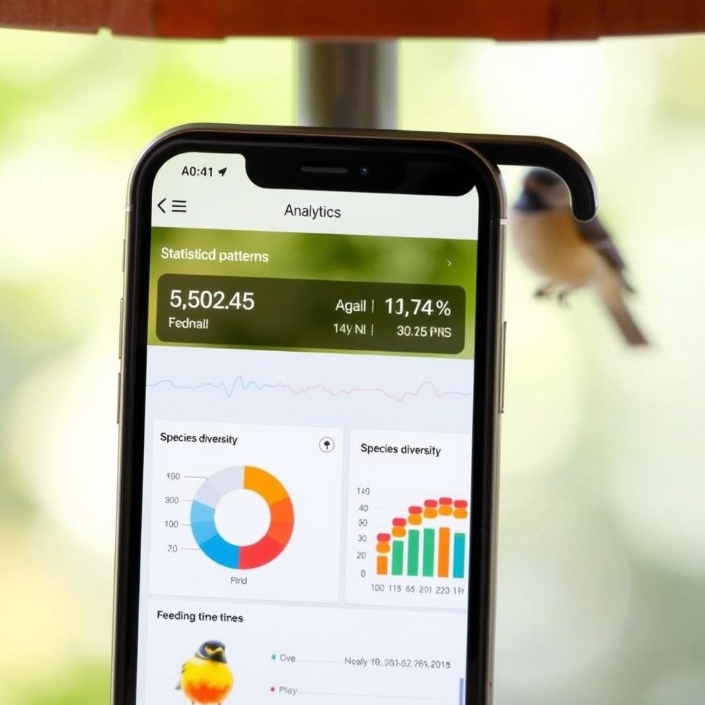 Smart bird feeder with camera solar powered app showing visit statistics and analytics