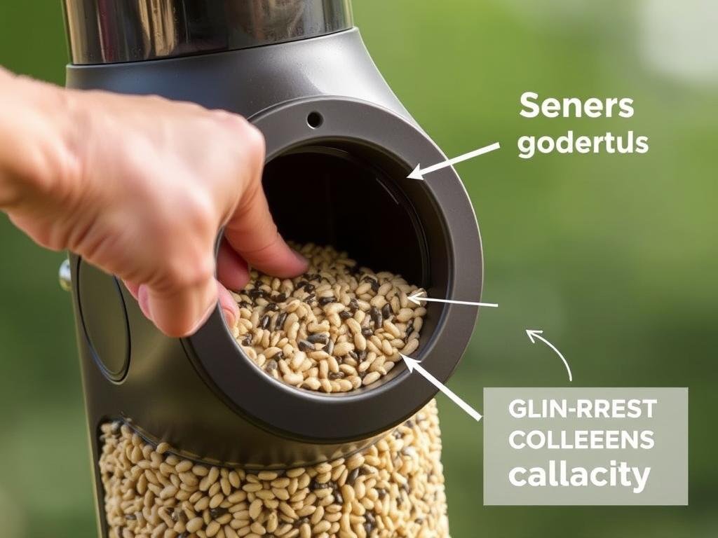 Smart bird feeder with camera solar powered showing the seed capacity and filling mechanism