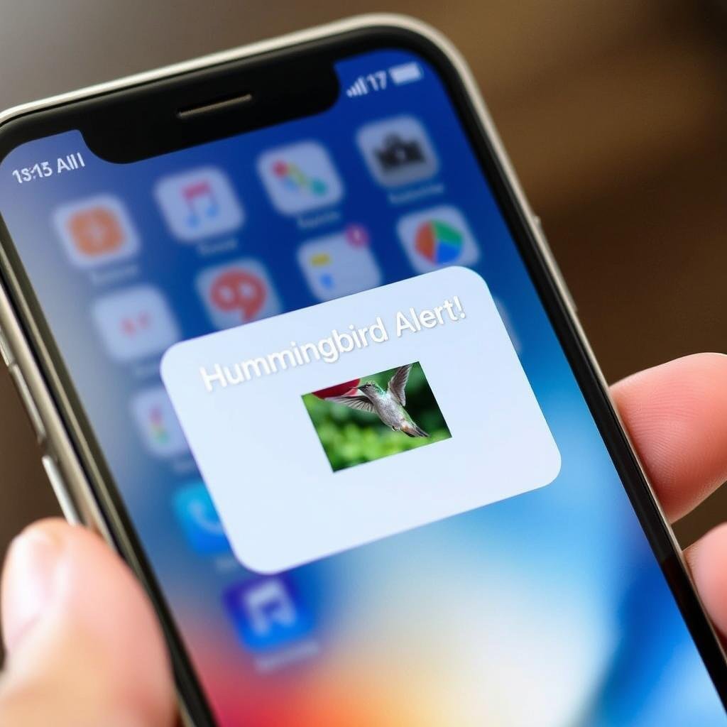 Smartphone showing notification of hummingbird visit with preview image