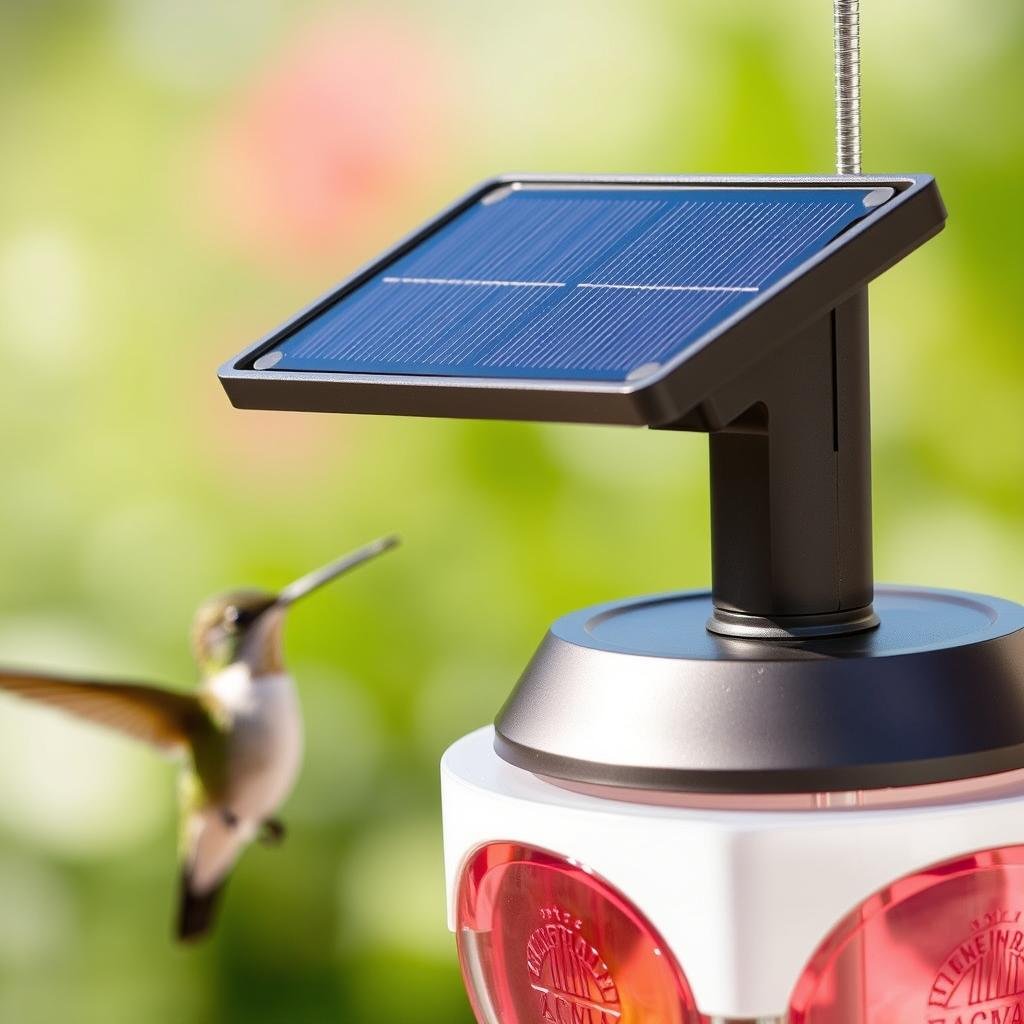 Solar panel on top of a smart hummingbird feeder