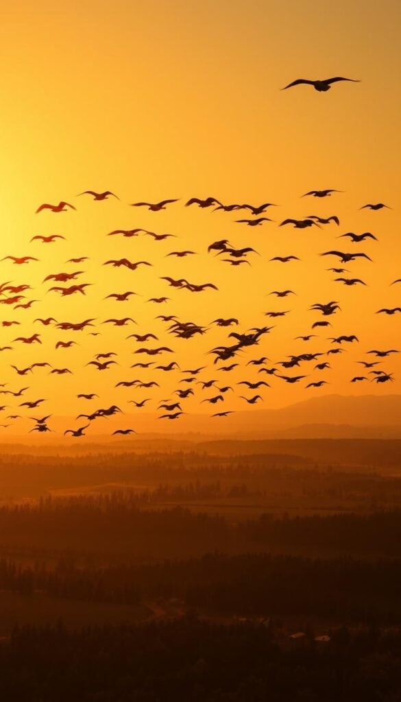 Vast, migratory patterns of birds soaring through a vibrant, golden sunset sky. In the foreground, a flock of geese or cranes glide gracefully, their wings outstretched. The middle ground depicts a sweeping landscape of rolling hills and lush forests, hinting at the birds' stopovers and resting places. In the distance, a silhouetted mountain range stands tall, a reminder of the epic journeys these avian travelers undertake. The warm, diffused lighting casts a sense of tranquility and wonder, capturing the natural beauty of this seasonal phenomenon. Captured through a wide-angle lens, the composition emphasizes the scale and scope of these magnificent migratory patterns.