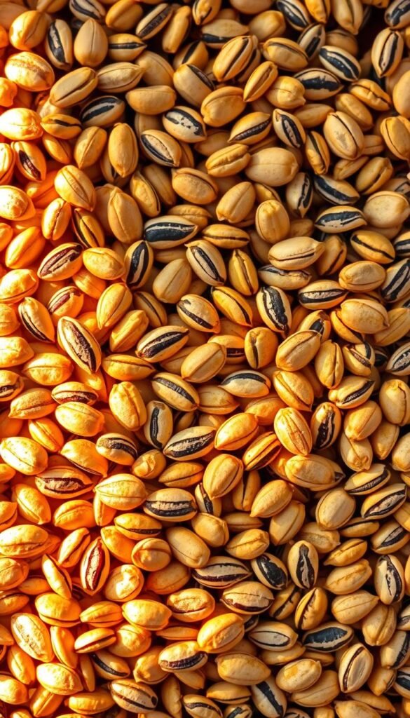 Vibrant striped sunflower seeds arranged in a captivating display, bathed in warm, golden light. The seeds, with their distinctive black and white striations, create a visually striking and organic composition. A shallow depth of field draws the viewer's focus to the intricate patterns and textures, while the soft, diffused lighting casts gentle shadows, adding depth and dimension. The image conveys a sense of natural abundance and the allure of this nutritious bird food, perfectly suited to entice and nourish backyard visitors like cardinals and chickadees.