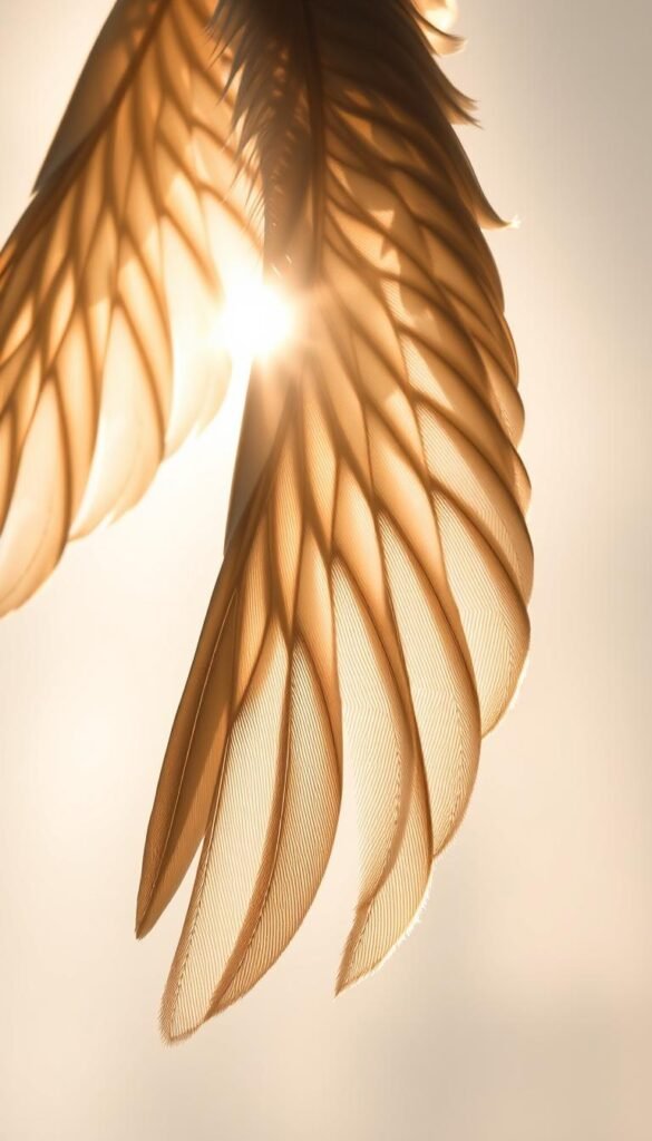 Wing feathers in flight, caught in a graceful dance against a soft, ethereal backdrop. Sunlight filters through the intricate patterns, casting a warm glow on the delicate barbs and rachis. The feathers seem to float, suspended in mid-air, their intricate structures captured in striking detail. The composition emphasizes the feathers' elegant, feathery forms, highlighting their role in avian communication and the beauty of the natural world. A sense of tranquility and wonder pervades the scene, inviting the viewer to appreciate the elegant mechanics of flight.