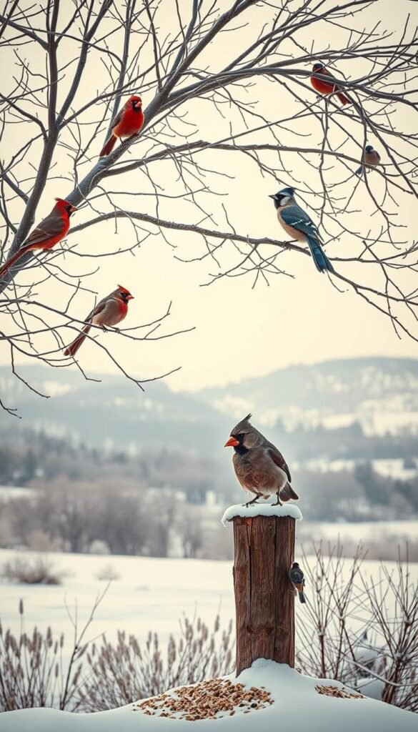 a beautiful winter bird garden, featuring a snow-covered landscape with a variety of birds perched on the branches of a leafless tree in the foreground. The birds, such as cardinals, blue jays, and chickadees, are captured in lifelike detail, their feathers meticulously rendered. In the middle ground, a small, well-stocked bird feeder sits atop a wooden post, surrounded by a scattering of seed. The background is a serene, wintry scene, with a soft, overcast sky and the muted tones of the distant trees and hills. The lighting is natural and subdued, creating a peaceful, contemplative atmosphere that highlights the importance of providing a sanctuary for birds during the harsh winter months.