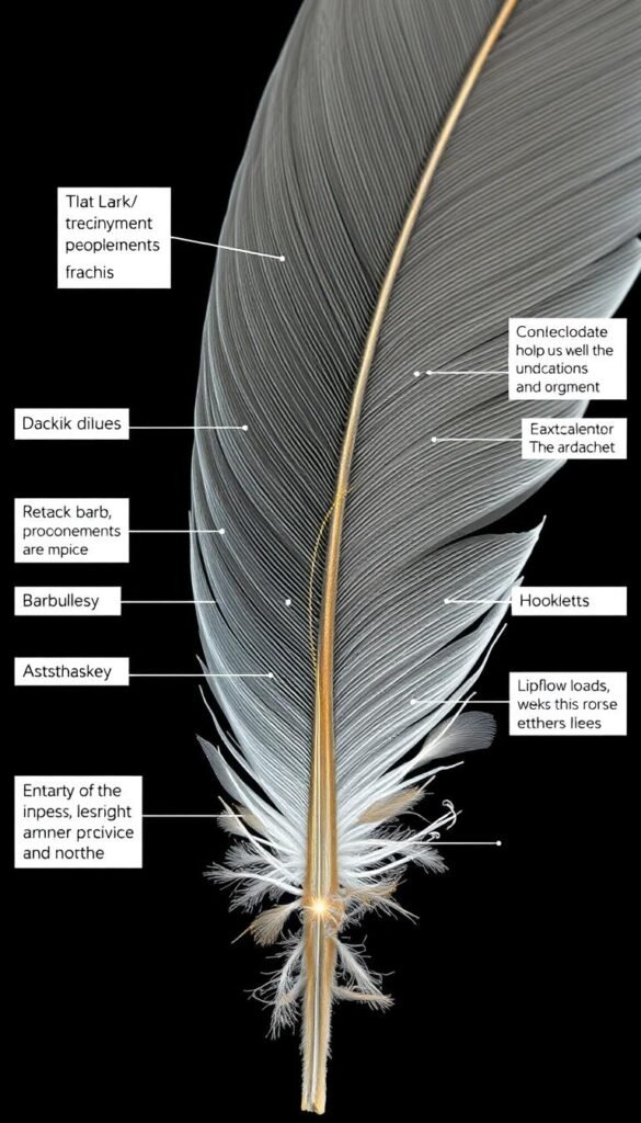 a detailed anatomical cross-section of a bird feather, depicted in high resolution, with intricate labels and callouts highlighting the various structures and components, such as the rachis, barbs, barbules, and hooklets, all rendered in a clean, technical style with muted colors and subtle textures, showcasing the feather's complex yet elegant design in an educational, informative manner, shot with a macro lens from a slightly elevated angle to provide a clear, comprehensive view