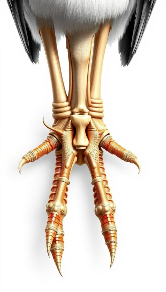 a detailed anatomical illustration of the inside structure of bird feet, clearly showing the bones, tendons, and connective tissues that provide the flexibility and strength required for perching and grasping. The image should be rendered in a highly realistic, scientific style with a neutral, clinical color palette and bright, directional lighting to highlight the intricate details. The composition should be a close-up view, filling the frame with the foot structure and presented at an angle that provides the best visibility of the key anatomical elements. The background should be clean and uncluttered, allowing the viewer to focus solely on the subject matter.
