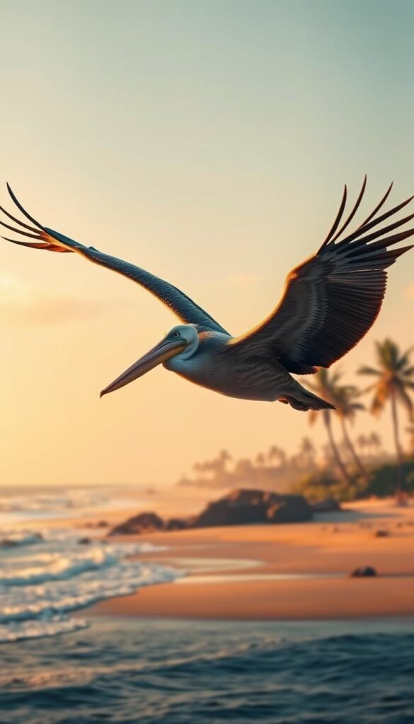 a detailed, hyper-realistic digital illustration of a brown pelican soaring gracefully over a tranquil coastal landscape, its massive wings outstretched as it glides effortlessly through the warm, golden light of the setting sun. The bird's sleek, brown-feathered body is rendered with exquisite attention to detail, its powerful beak and piercing eyes conveying a sense of resilience and determination. In the background, a picturesque beach scene unfolds, with gently lapping waves, swaying palm trees, and a hazy, pastel-colored sky that imparts a serene and hopeful atmosphere. The overall composition evokes a feeling of triumph and success in the conservation efforts that have helped this once-endangered species make a remarkable comeback.