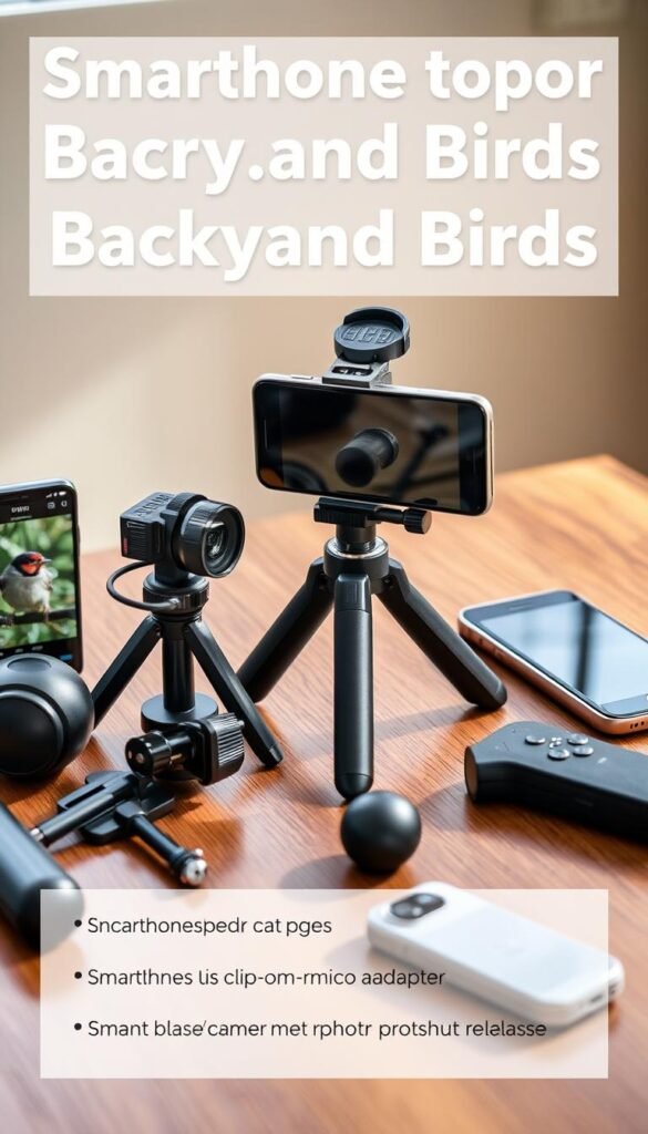 a detailed still life image of various smartphone photography tools for capturing backyard birds, including a smartphone with an attached telephoto lens, a smartphone tripod, a smartphone lens clip-on macro adapter, a smartphone mount with a ball head, and a smartphone camera remote shutter release, all arranged on a wooden desk or table with a natural light source from the side, with a soft, warm, and inviting mood that complements the article's subject and section title