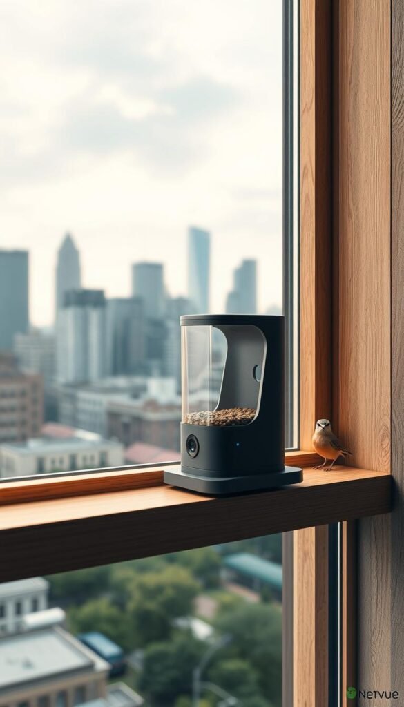 a highly detailed, photorealistic image of a modern, smart bird feeder installed on a wooden window ledge in an urban setting. The feeder has a sleek, minimalist design with a transparent hopper for seed, a built-in camera, and motion sensors. The feeder blends seamlessly with the window frame, complementing the urban aesthetic. Soft, warm lighting illuminates the scene, creating a cozy, inviting atmosphere for birds to gather. The window features a cityscape view in the background, with skyscrapers and urban greenery visible. The overall composition highlights the clever integration of technology and nature, showcasing the "Netvue Birdfy Feeder" as an innovative solution for urban birdwatchers.