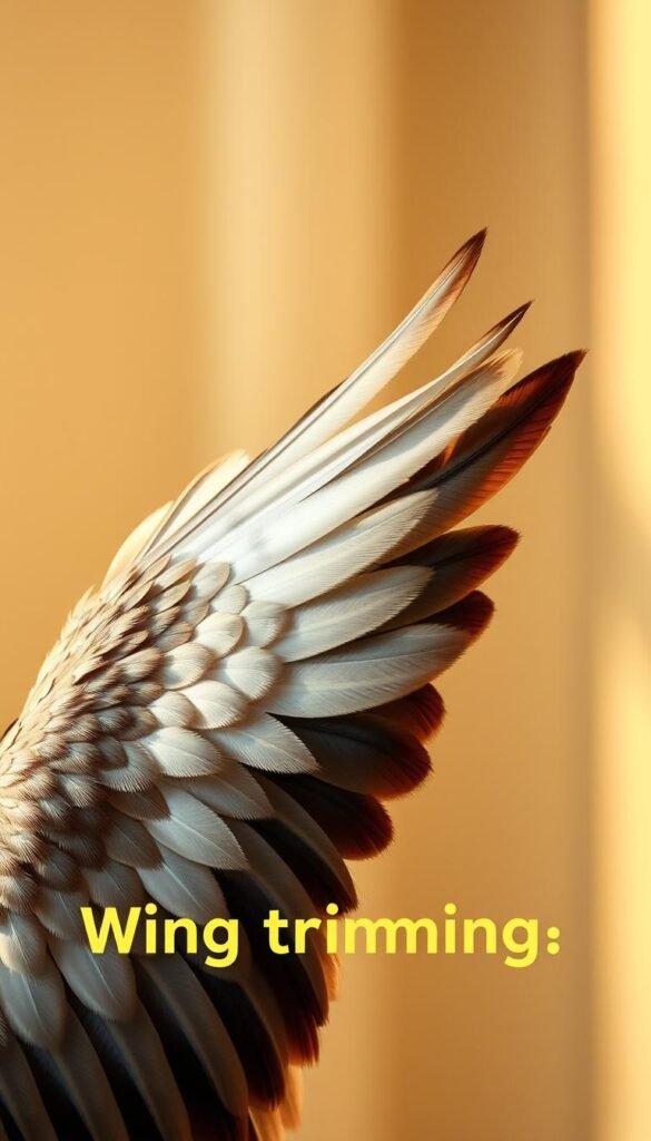a photorealistic image of a bird's wing with its feathers partially clipped, set against a soft, blurred background that suggests a calm, thoughtful atmosphere. The wing is positioned prominently in the foreground, with the individual feathers visible in intricate detail. The lighting is warm and natural, creating a sense of serenity. The image conveys the delicate process of wing trimming and the common questions that may arise during this procedure.