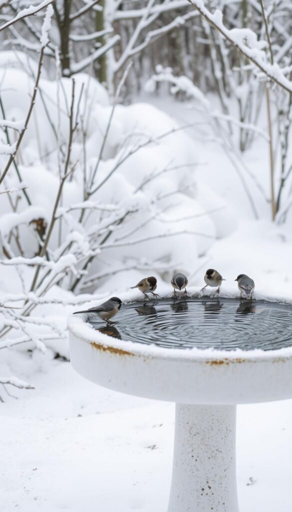 a snowy winter scene, a bird bath or natural water source in the foreground, surrounded by leafless trees and shrubs coated in a layer of fresh snow. The water is gently rippling, reflecting the soft, diffused light of an overcast sky. Several small birds, such as chickadees or sparrows, are perched on the edge of the water source, drinking and bathing. The scene exudes a sense of tranquility and peaceful coexistence between the birds and their winter habitat. Captured with a wide-angle lens to showcase the full context, the image emphasizes the importance of providing reliable water sources for birds during the colder months.