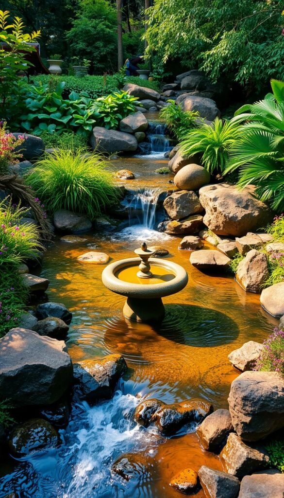 a tranquil bird garden with a variety of water features, including a gently flowing stream, a shallow birdbath, and a small waterfall surrounded by lush vegetation. the stream meanders through the scene, creating a soothing ambiance. the birdbath is positioned in the middle ground, inviting birds to bathe and drink. the waterfall cascades down a rocky outcrop, creating a melodic backdrop. the lighting is soft and natural, casting warm hues across the scene. the overall composition conveys a sense of harmony and balance, where the water features seamlessly integrate with the surrounding foliage to create an inviting oasis for birds.