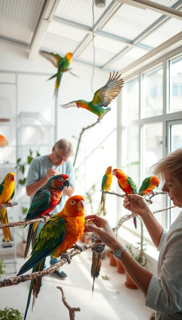 a well-lit aviary interior with natural sunlight streaming through large windows, showcasing several species of colorful, healthy pet birds perched on branches and interacting with their owners, who are gently grooming and providing food to the birds, demonstrating various preventive care practices like wing-trimming, nail-clipping, and beak-conditioning, all set against a soothing, minimalist backdrop with potted plants and birdcages, captured with a wide-angle lens to emphasize the sense of care and nurturing within the space