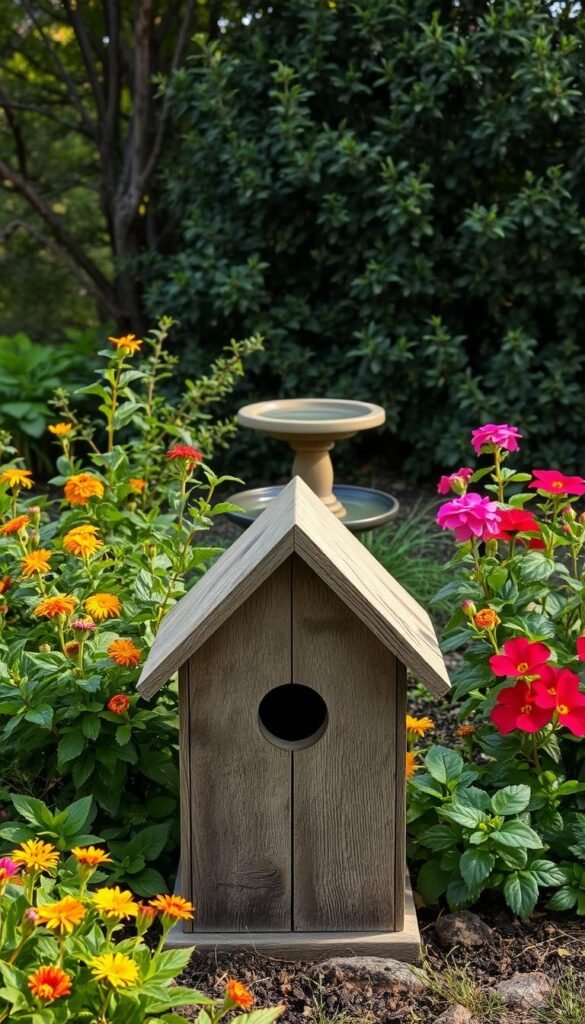bird shelter solutions, a cozy and naturalistic outdoor scene. In the foreground, a rustic wooden birdhouse with a peaked roof and ample entrance hole, weathered by time yet inviting. Surrounding it, lush greenery and flowering plants in vibrant hues, creating a verdant oasis. In the middle ground, a small water feature such as a birdbath or shallow dish, glistening in the soft, natural light. In the background, a dense thicket of trees and shrubs, providing additional cover and nesting opportunities for our feathered friends. The overall atmosphere is one of tranquility and harmony, showcasing how humans can thoughtfully create safe and appealing shelters for birds in their yards.