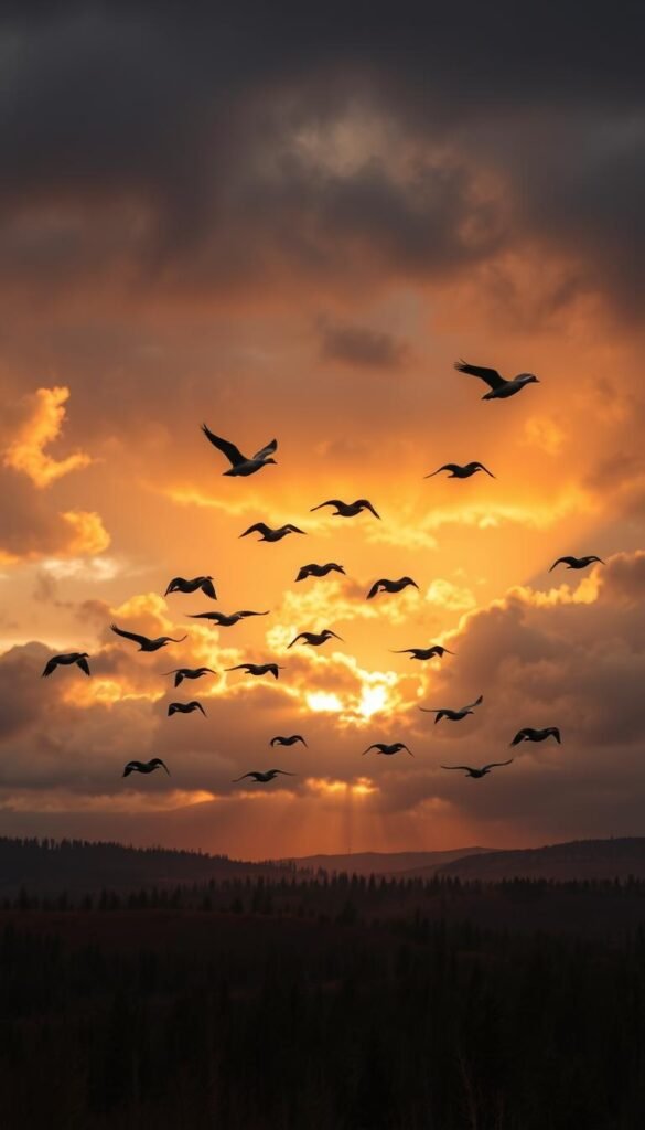 birds north, flock of migratory geese or swans in flight against a dramatic cloudy sky, silhouetted against warm golden-orange hues of an autumn sunset, with a distant wilderness landscape of rolling hills and pine forests below, captured with a wide angle telephoto lens, moody and atmospheric, cinematic lighting, epic and awe-inspiring scale
