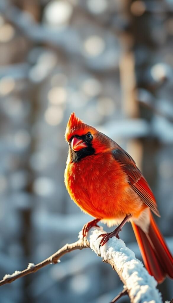 A close-up portrait of a vibrant male Northern Cardinal perched on a snow-dusted branch, its bright red plumage contrasting against the soft, hazy background of a winter landscape. The bird's keen eyes are fixed intently, and its sharp beak is slightly open, suggesting a moment of alert observation. The scene is illuminated by warm, diffused natural light, casting gentle shadows and highlights that accentuate the bird's distinctive features. The composition places the cardinal in the foreground, with a blurred, snowy forest filling the middle and background, creating a sense of depth and focus on the subject.