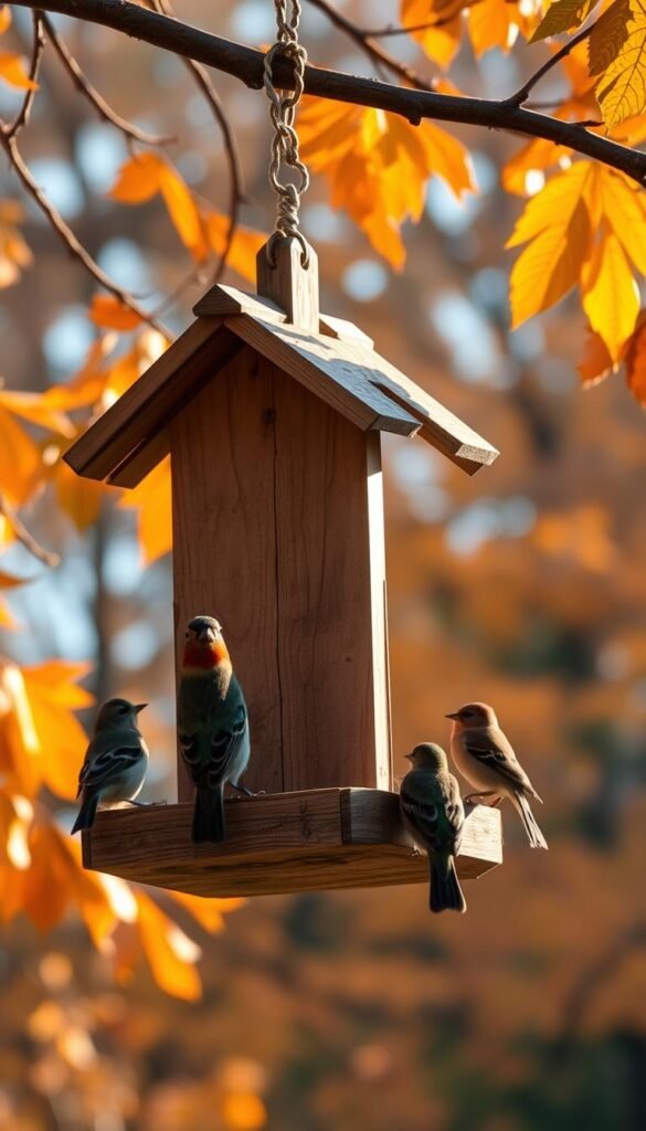 A cozy autumn scene, a wooden bird feeder hangs from a branch, its rustic charm complementing the vibrant foliage in the background. Warm, golden light filters through the leaves, casting a soft glow on the feeder and the surrounding landscape. Plump, colorful birds flit about, eagerly taking turns to feed, their feathers a delightful contrast against the earthy tones. The feeder's design features intricate details, such as a pitched roof and decorative elements, inviting the viewer to imagine the local wildlife visiting throughout the season. A sense of peaceful tranquility pervades the scene, capturing the essence of fall and the joy of birdwatching.