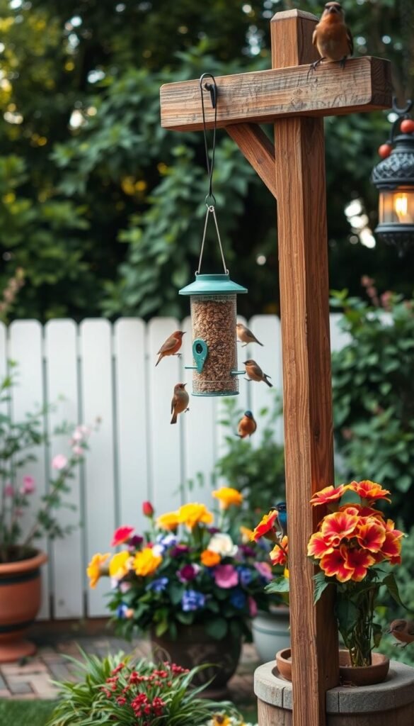 A cozy backyard scene with a well-placed bird feeder hanging from a sturdy wooden post, surrounded by lush greenery and a vibrant floral arrangement. The feeder is filled with a variety of birdseed, inviting a flock of colorful songbirds to feast. Soft, diffused lighting bathes the scene, creating a warm and welcoming atmosphere. The camera angle is set at eye level, capturing the feeder's placement in a natural and aesthetically pleasing way, showcasing the optimal positioning for maximum bird activity and enjoyment.
