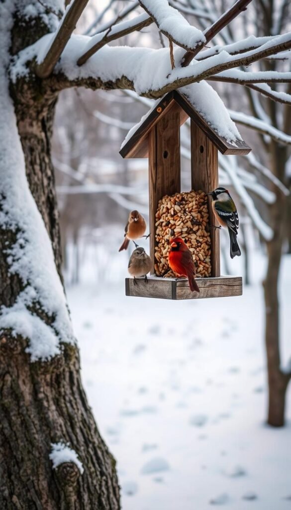 A cozy winter scene with a rustic wooden bird feeder hanging from a snow-covered tree branch. The feeder is filled with an assortment of birdseed, attracting a variety of colorful feathered friends like cardinals, chickadees, and nuthatches. The background is a peaceful, snowy landscape with bare trees and a dusting of white on the ground, creating a serene and tranquil atmosphere. Soft, diffused natural lighting illuminates the scene, casting gentle shadows and highlighting the details of the feeder and the birds. The angle is slightly elevated, offering a charming, bird's-eye view of the inviting winter sanctuary.