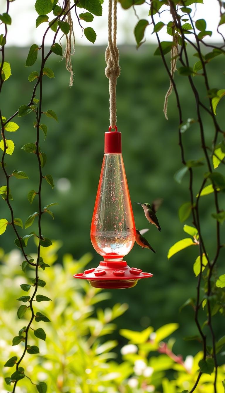 A hummingbird feeder hangs from a macrame plant hanger, casting delicate shadows across a lush, verdant garden. The feeder's vibrant red accents gleam in the soft, diffused sunlight, drawing the eye to the feeder's elegant, teardrop shape. Trailing vines and leafy foliage frame the scene, creating a serene, natural backdrop. The hummingbird feeder is positioned at eye level, inviting the viewer to observe the graceful, iridescent hummingbirds as they flit and hover, sipping nectar. The overall composition evokes a sense of tranquility and harmony, blending the artificial feeder seamlessly into the organic garden setting.