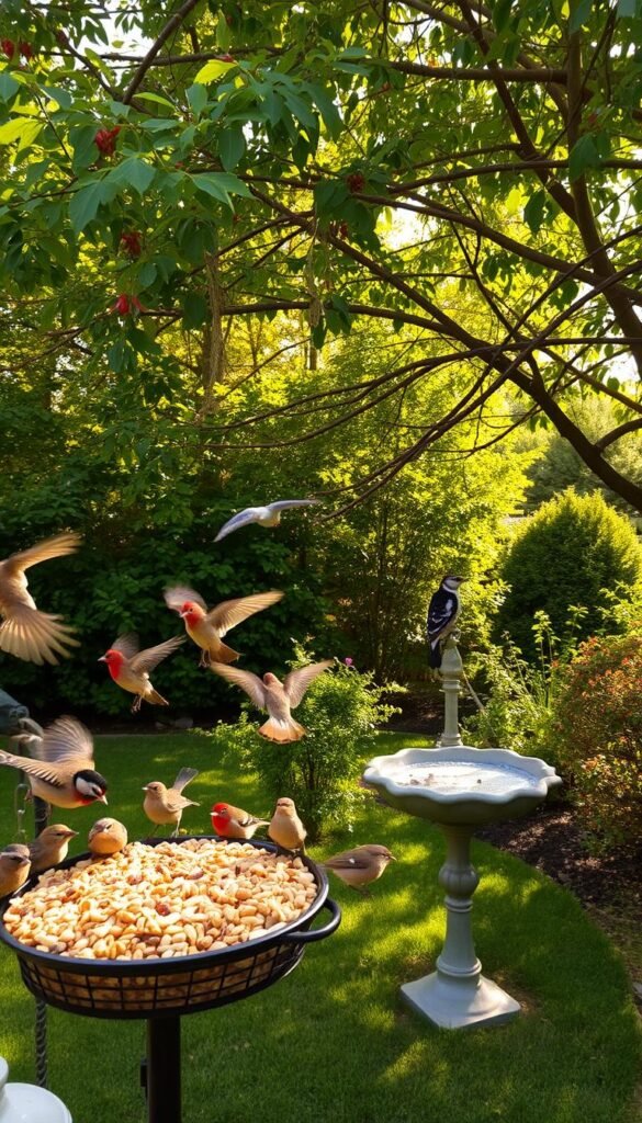 A lush, backyard oasis teeming with year-round bird activity. In the foreground, a bird feeder overflows with an assortment of seeds, attracting a vibrant flock of songbirds fluttering and perching. The middle ground showcases a birdbath, its glistening waters inviting thirsty visitors. In the background, a verdant canopy of trees and shrubs provides sheltered nesting sites and abundant natural food sources. Warm, golden sunlight filters through the foliage, casting a serene, welcoming ambiance. Diverse bird species, from chickadees to woodpeckers, flit between the feeder, bath, and the protective greenery, creating a harmonious, bird-friendly haven. A lush, backyard oasis teeming with year-round bird activity. In the foreground, a bird feeder overflows with an assortment of seeds, attracting a vibrant flock of songbirds fluttering and perching. The middle ground showcases a birdbath, its glistening waters inviting thirsty visitors. In the background, a verdant canopy of trees and shrubs provides sheltered nesting sites and abundant natural food sources. Warm, golden sunlight filters through the foliage, casting a serene, welcoming ambiance. Diverse bird species, from chickadees to woodpeckers, flit between the feeder, bath, and the protective greenery, creating a harmonious, bird-friendly haven.