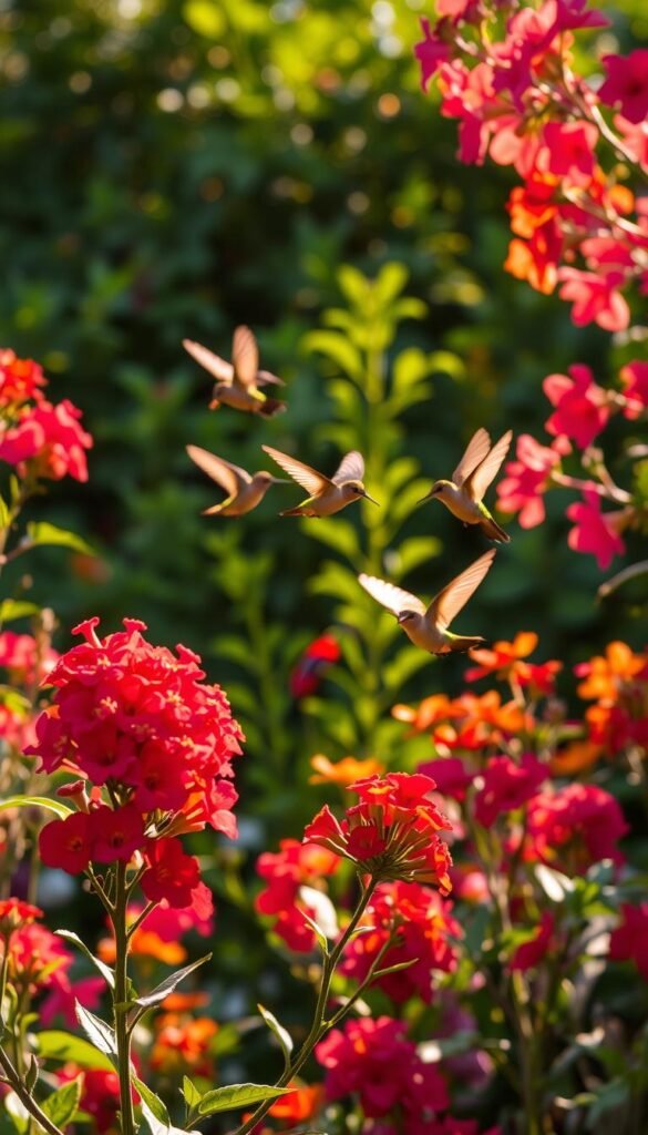 A lush garden bursting with vibrant blooms, where hummingbirds dart and hover, their iridescent feathers catching the warm, golden light. In the foreground, a cluster of nectar-rich flowers sway gently, inviting the tiny, agile birds to feed. The middle ground reveals a tranquil scene, with hummingbirds suspended in mid-flight, their wings a blur as they flit from blossom to blossom. In the background, a verdant backdrop of foliage creates a serene, natural setting, framing the captivating dance of these aerial acrobats. The overall atmosphere is one of harmony and wonder, showcasing the symbiotic relationship between hummingbirds and their floral sustenance. A lush garden bursting with vibrant blooms, where hummingbirds dart and hover, their iridescent feathers catching the warm, golden light. In the foreground, a cluster of nectar-rich flowers sway gently, inviting the tiny, agile birds to feed. The middle ground reveals a tranquil scene, with hummingbirds suspended in mid-flight, their wings a blur as they flit from blossom to blossom. In the background, a verdant backdrop of foliage creates a serene, natural setting, framing the captivating dance of these aerial acrobats. The overall atmosphere is one of harmony and wonder, showcasing the symbiotic relationship between hummingbirds and their floral sustenance.