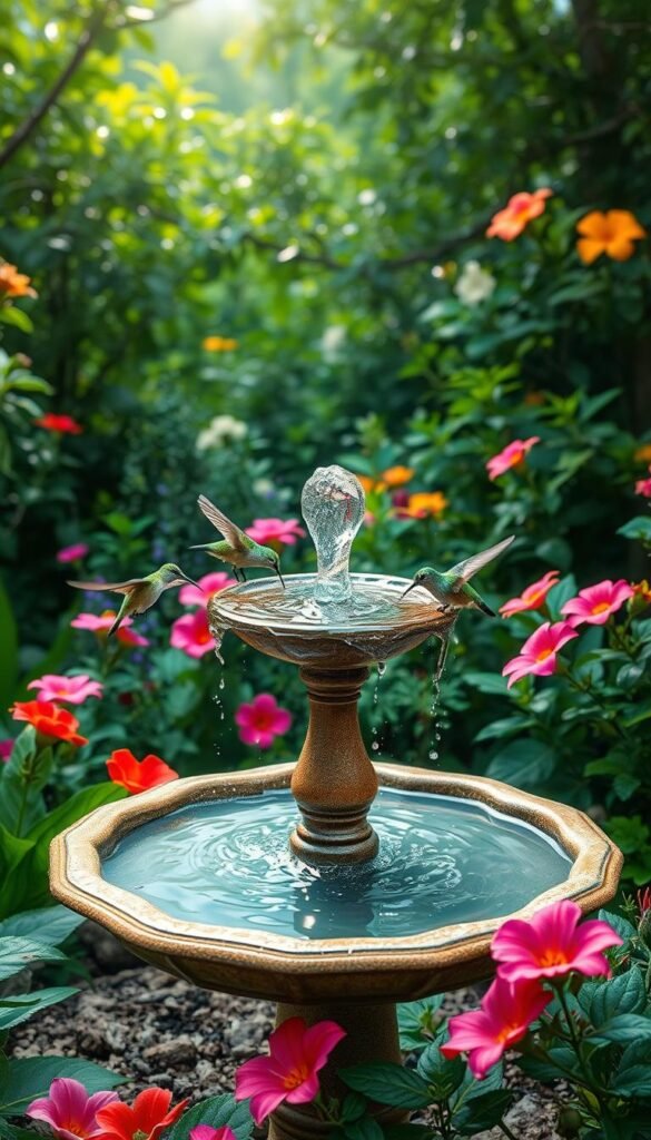 A lush garden oasis with a birdbath fountain, overflowing with crystalline water, surrounded by vibrant native flowers and foliage. Hummingbirds delicately sip from the bubbling source, their iridescent feathers shimmering in the soft, diffused sunlight filtering through the verdant canopy above. The scene exudes a sense of peaceful tranquility, inviting the viewer to imagine the soothing sounds of flowing water and the gentle flutter of tiny wings. A lush garden oasis with a birdbath fountain, overflowing with crystalline water, surrounded by vibrant native flowers and foliage. Hummingbirds delicately sip from the bubbling source, their iridescent feathers shimmering in the soft, diffused sunlight filtering through the verdant canopy above. The scene exudes a sense of peaceful tranquility, inviting the viewer to imagine the soothing sounds of flowing water and the gentle flutter of tiny wings.