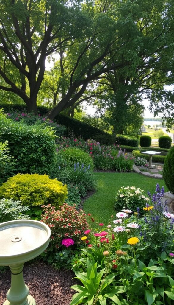 A lush, verdant backyard oasis teeming with a vibrant variety of native plants and flowers, creating a welcoming haven for a diverse array of birds. In the foreground, a well-maintained bird bath reflects the dappled sunlight filtering through the canopy of mature trees overhead. Lush shrubs and bushes provide ample cover and nesting sites, while a strategically placed bird feeder attracts a colorful flutter of feathered visitors. The middle ground is dotted with flowering perennials, their blooms attracting pollinating insects that in turn feed the resident birds. In the distance, a tranquil pond or small water feature reflects the serene sky above, completing the idyllic, bird-friendly scene. A lush, verdant backyard oasis teeming with a vibrant variety of native plants and flowers, creating a welcoming haven for a diverse array of birds. In the foreground, a well-maintained bird bath reflects the dappled sunlight filtering through the canopy of mature trees overhead. Lush shrubs and bushes provide ample cover and nesting sites, while a strategically placed bird feeder attracts a colorful flutter of feathered visitors. The middle ground is dotted with flowering perennials, their blooms attracting pollinating insects that in turn feed the resident birds. In the distance, a tranquil pond or small water feature reflects the serene sky above, completing the idyllic, bird-friendly scene.